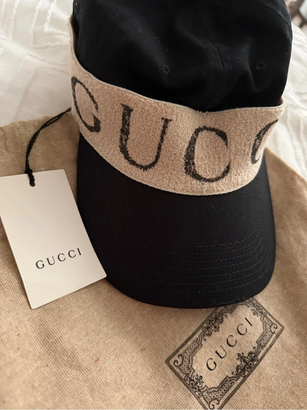 NEW Gucci Black Visor Cap with Beige Logo Band